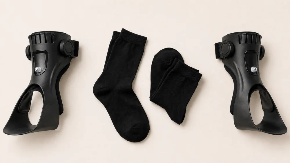 Two MOTIARA AFO braces with two pairs of black Bamboo socks