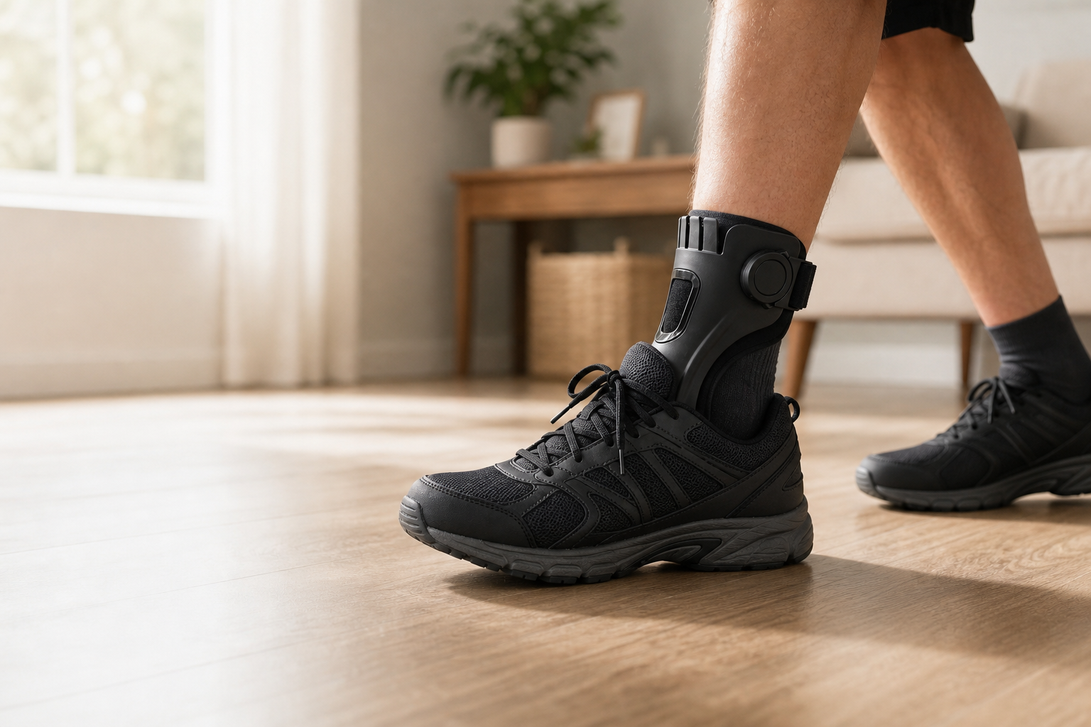 Adult walking at home with low-profile ankle support