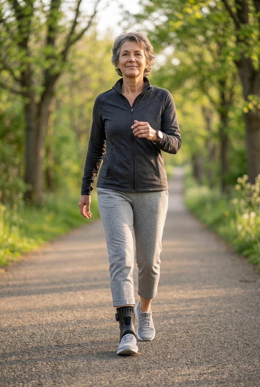 Adult walking outdoors wearing the MOTIARA foot drop support brace